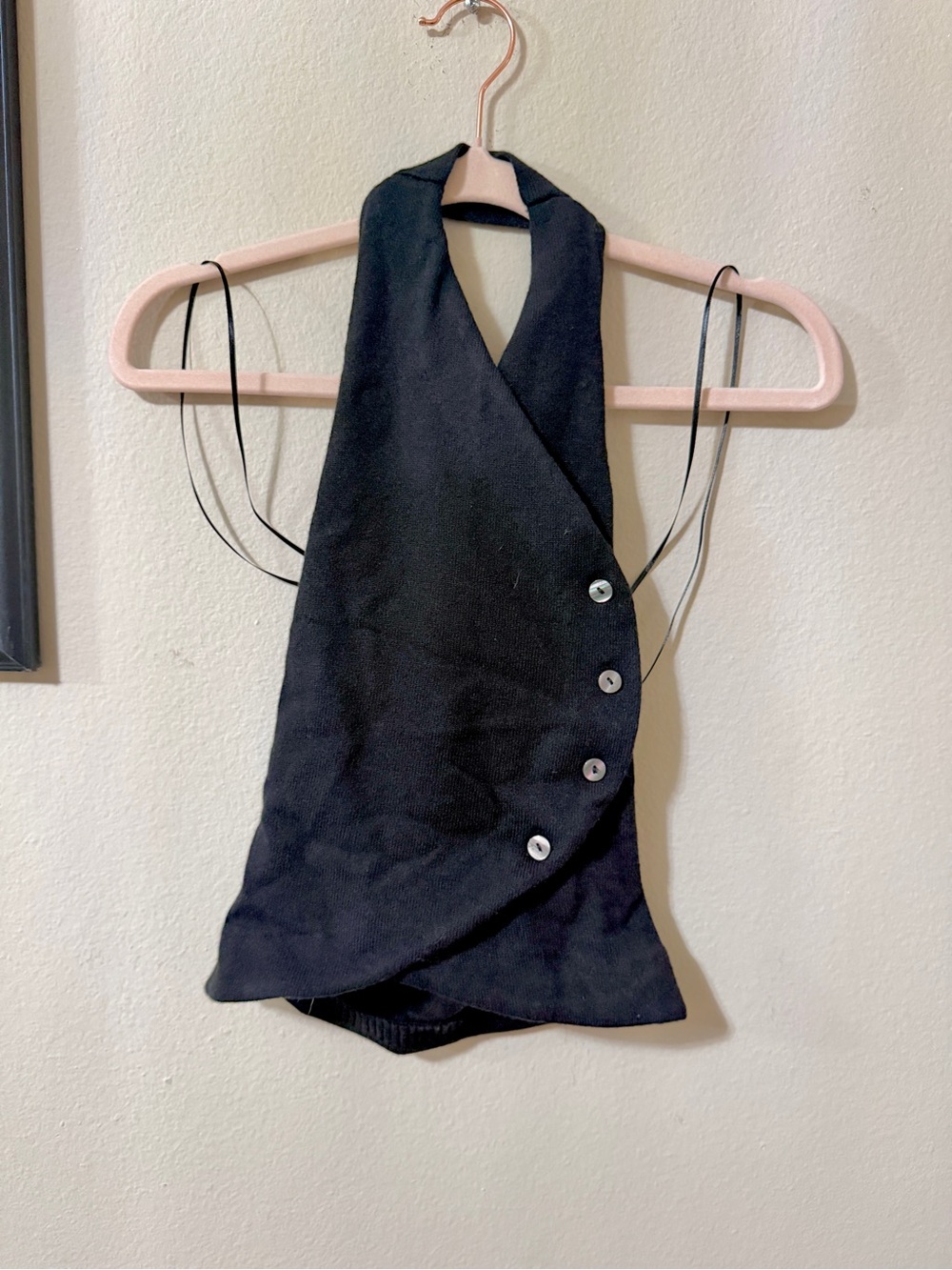 NWOT Frankies Bikinis Black Wrap Halter Top with Button Detail
